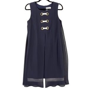 Joseph Ribkoff Dress Womens 8 Navy Blue Chiffon Sleeveless Nautical Shift Midi